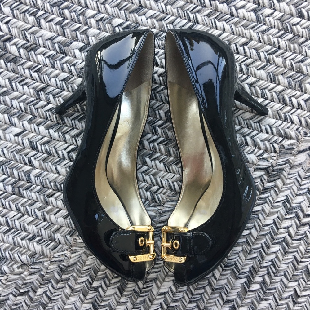 Guess - Black Patent Peep Toe Heels w/ Buckle